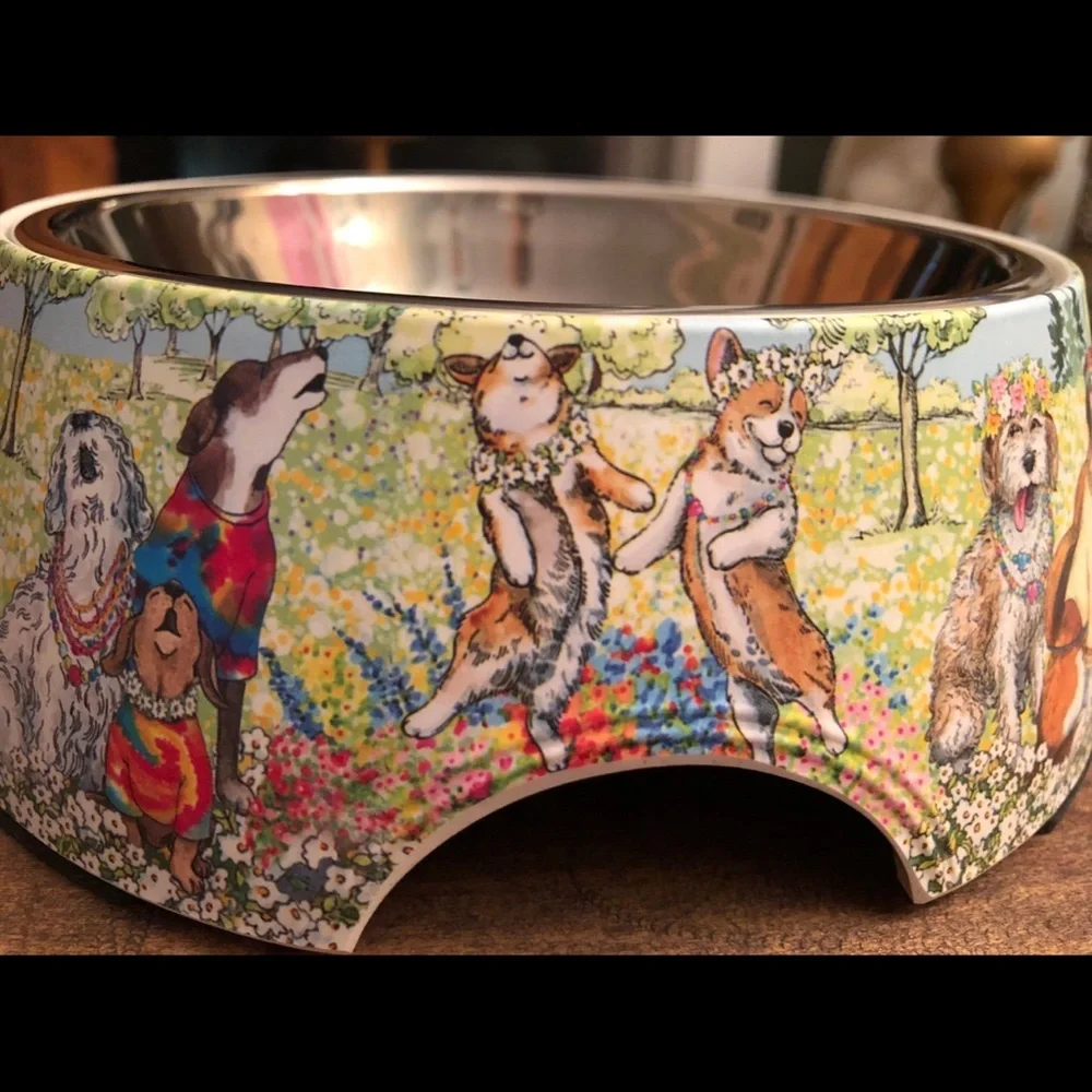 NWT Bamboo Fiber Dog Bowl w/ Stainless Bowl, Non Skid, Peace Love Treats Design